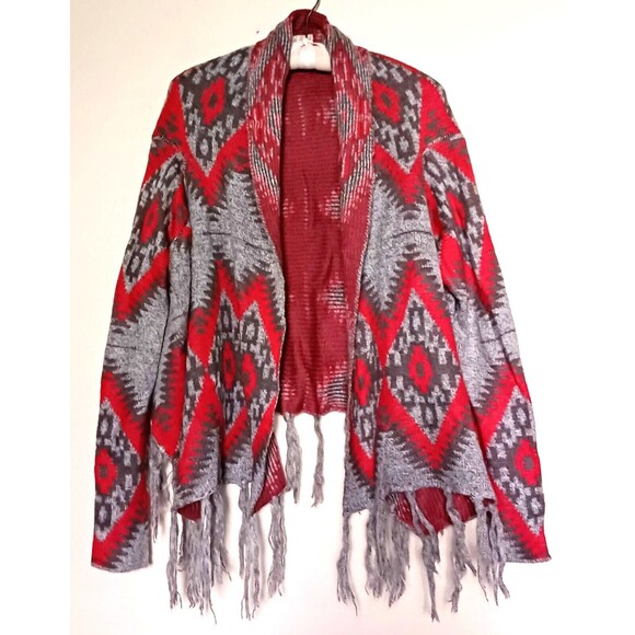 Altar'd State Wrap Sweater Jacket Navajo Southwest Gray Coral Knit Fringed Sz L - Picture 3 of 8
